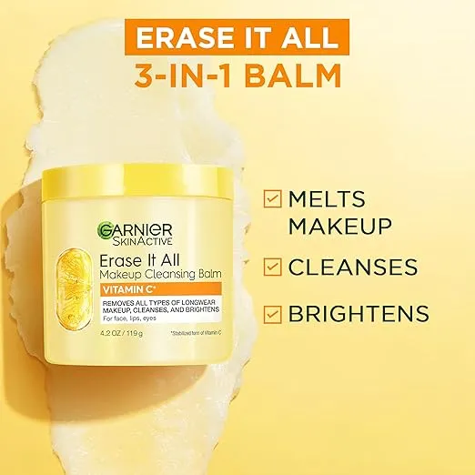 Garnier Erase It All Makeup Cleansing Balm with Vitamin C, Brightening Facial Cleanser and Makeup Remover, 4.2 Oz
