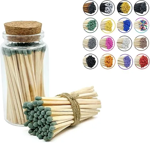 Matches in a Jar | 60+ Matchsticks | Decorative Matchsticks with Strike Pad | Candle Match Holder Long for Fireplace | Match Bottle Cork Closing by Chandler Studio (Dark Green, 3" Matches)