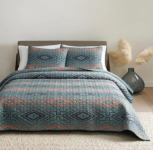 PENDLETON 21730 Sunset Cross Stitched Coverlet Set Soft Printed Cotton Bedding - Rustic Home Décor, Full/Queen, Balsam Multi