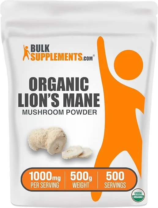 BulkSupplements.com Organic Lions Mane Mushroom Powder - Lions Mane Supplement Powder, Lion's Mane Powder - Organic & Gluten Free, 1000mg per Serving, 500g (1.1 lbs) (Pack of 1)