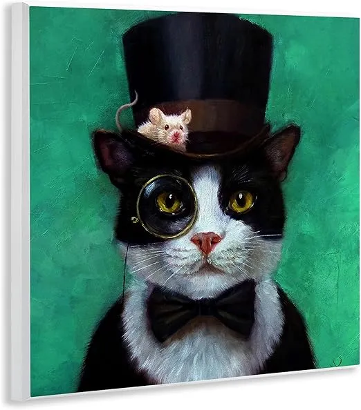 Stupell Industries Good Sir Top Hat Cat with a Mouse and A Monocle Turquoise Painting Wall Plaque, 12 x 12, Multi-Color