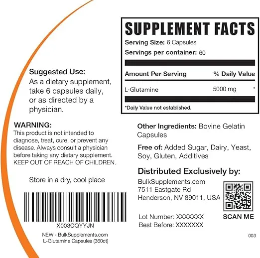 BulkSupplements.com L-Glutamine Capsules - Glutamine Supplement, L-Glutamine 5000mg - Amino Acid for Gut Health, Gluten Free, 6 Capsules per Serving, 360 Capsules (Pack of 1)