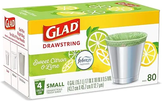 Glad Odorshield Small Drawstring Trash Bags, 4 Gal, Sweet Citron and Lime, 80 Ct, Pack May Vary