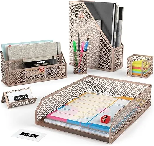 Arteza Desk Organizer Accessories Set in Rose Gold, 6-Piece Includes Pencil Cup Holder, Letter Sorter, Tray, Magazine Holder, Name Card Holder, Sticky Note Holder, Office Supplies for Home or Office