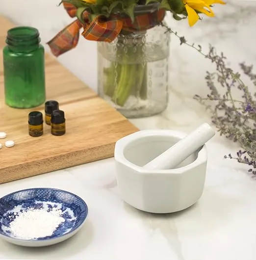 HIC Kitchen HIC Porcelain Octaganol Mortar and Pestle White, 3.5-Inch, Octagonal