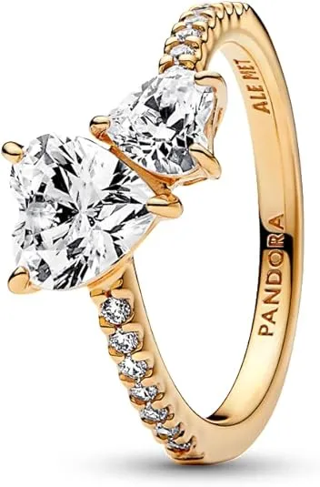 PANDORA Double Heart Sparkling Ring - Shining Gold Ring for Women - Gift for Her - Love Ring for Women - 14k Gold with Clear Cubic Zirconia - With Gift Box