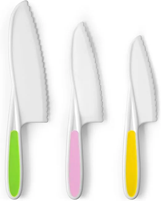 Zulay 3-Piece Kids Knife Set for Real Cooking & Baking - Toddler Knives for Cutting Fruits, Veggies, & Cake - Children’s Montessori Knife with Serrated Edges - Safe & Fun Lettuce Knife (Multi)