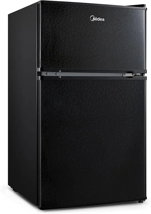 Midea WHD-113FB1 Double Door Mini Fridge with Freezer for Bedroom Office or Dorm with Adjustable Remove Glass Shelves Compact Refrigerator, 3.1 cu ft, Black
