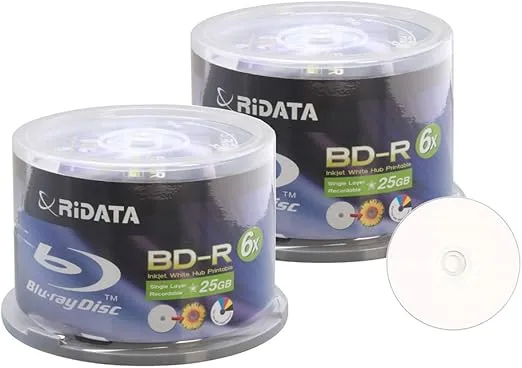 100 Pack Ridata 6X BD-R BDR 25GB Single Layer Blue Blu-ray White Inkjet Hub Printable Recordable Blank Media Disc with Spindle Packing