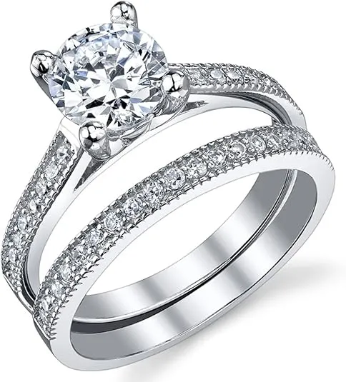 1.25 Carat Round Brilliant Cubic Zirconia Sterling Silver 925 Wedding Engagement Ring Band Set Sizes 4 to 11