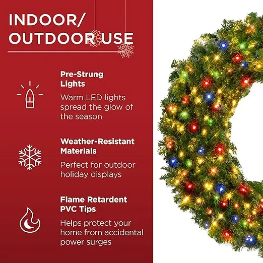 Best Choice Products 48in Large Artificial Pre-Lit Fir Christmas Wreath Holiday Accent Decoration w/ 200 Multicolor Lights, 714 PVC Tips