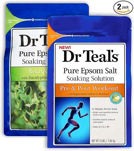 Dr Teal's Epsom Salt Bath Combo Pack (6 lbs Total), Relax & Relief with Eucalyptus & Spearmint, and Pre and Post Workout with Magnesium Sulfate and Menthol