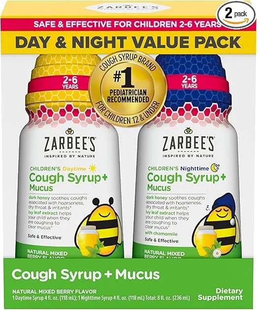 Zarbee's Children's Cough Syrup + Mucus Day & Night Value Pack, Daytime & Nighttime Toddler Cough Syrup, Mixed Berry, Two Pack, 2 x 4 fl. oz
