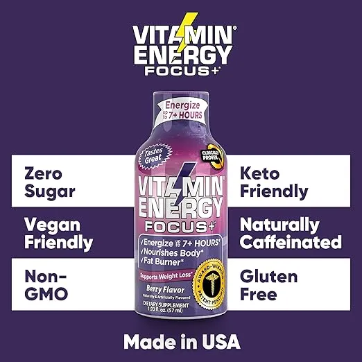 Vitamin Energy Focus+ Energy Drink Shot, Up to 7+ Hours of Energy, Berry, 1.93oz, 12 Count