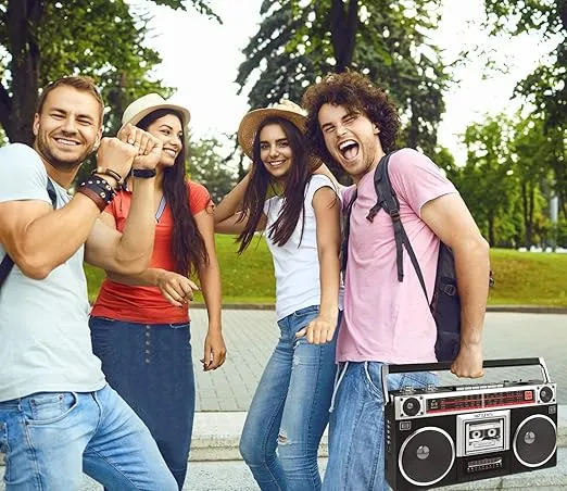 Riptunes Boombox Radio Cassette Player Recorder, AM/FM -SW1/SW2 Radio, Wireless Streaming, USB/Micro SD Slots, Aux in, Headphone Jack, Classic 80s Style Retro, Black