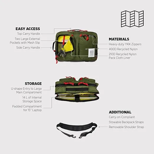 Topo Designs Global Briefcase - Bold Daily Carry Bag, Commuting Travel Pack with Oversized Zips, Signature Denver Style, 2024 Model (All Black)