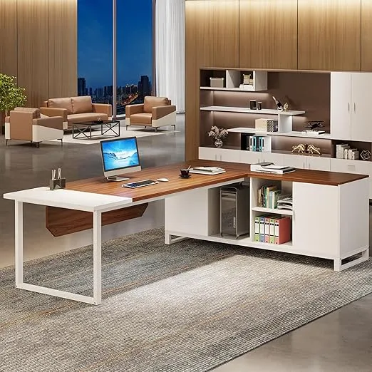 Tribesigns 70.8-Inch Executive Desk with 55-Inch File Cabinet, Large L Shaped Computer Desk with Storage Cabinet and Shelves, Modern L-Shaped Desk for Home Office, Walnut & White