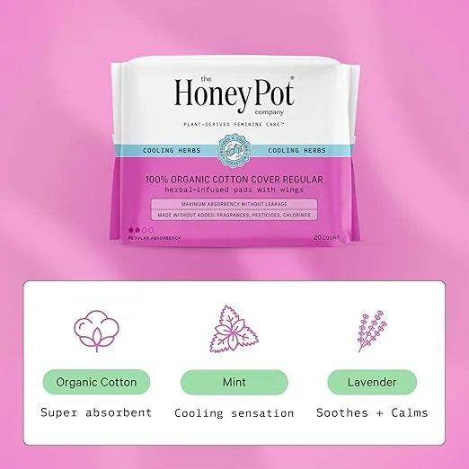 The Honey Pot Company - Herbal Pads for Women - Regular Flow w/Wings - Infused w/Essential Oils for Cooling Effect & Organic Cotton Cover - Sanitary Pads for Women - Feminine Care - FSA & HSA - 20ct