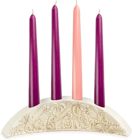 DEMDACO Natural White Nativity 12.25 x 3.25 Earthenware Christmas Advent Candle Holder Set