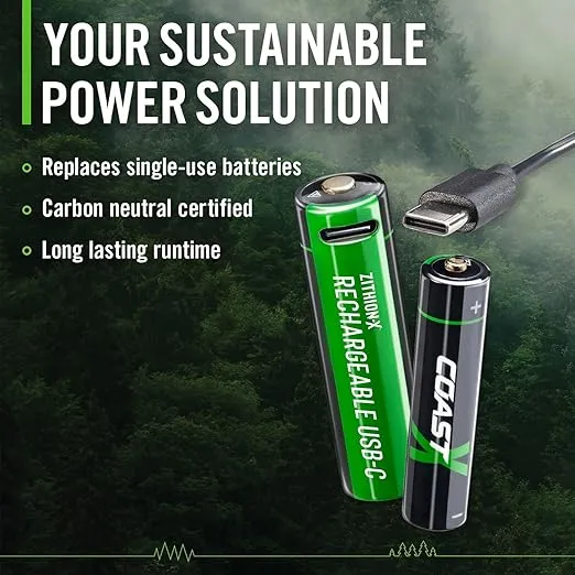 Coast AA USB-C Rechargeable Batteries, ZITHION-X, Lithium Ion 1.5v 2400 mAh, Long Lasting, Charges Under 2.5 Hours, Charging Cable Included, 12-Battery Pack