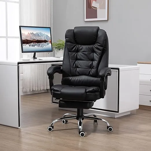 HOMCOM High Back Ergonomic Executive Office Chair, PU Leather Computer Chair with Retractable Footrest, Lumbar Support, Padded Headrest and Armrest, Black