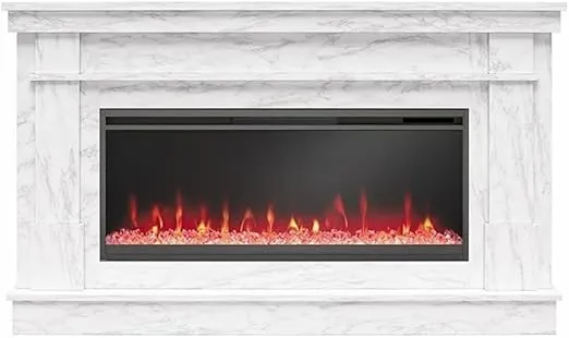 Novogratz Waverly 64 Inch Electric Fireplace with Mantel, Replaceable Fireplace Insert Heater, Remote Control, Timer, Color Changing Crystal Ember Flames, For Living Room or Bedroom, White Marble