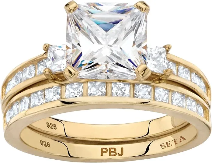 PalmBeach Jewelry Yellow Gold-Plated or Platinum-Plated Sterling Silver Princess Cut Cubic Zirconia Bridal Ring Set