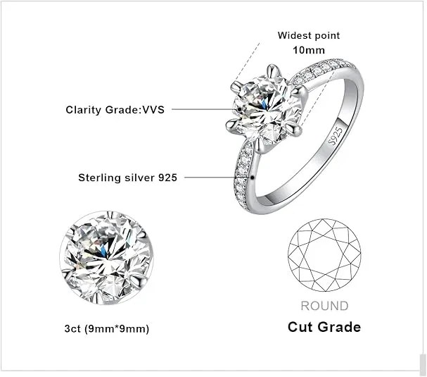 JewelryPalace Classic 1ct 2ct 3ct Moissanite Solitaire Engagement Rings for Women, 925 Sterling Silver Promise Ring for Her, Round Cut Simulated Diamond Anniversary Wedding Rings D-F VVS Size 4-12