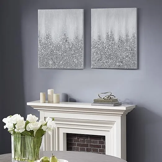 Madison Park Wall Art Living Room Decor-Embellished Hand Painted Metallic Canvas, Home Accent Glitter Abstract Bathroom Decoration Ready to Hang Bedroom Painting, 22" x 28", Silver, 2 Piece Set