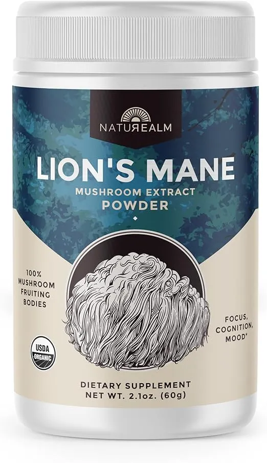 Naturealm - Lion’s Mane Mushroom Powder - Filler-Free - Organic - 100 Percent Fruiting Bodies, 60-Day Supply