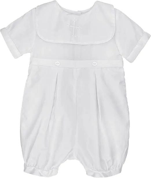 Baby Boys' Hand-Embroidered Cross Christening Romper, White