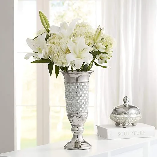 Alino Crystal 16" High Silver Pillar Urn Vase