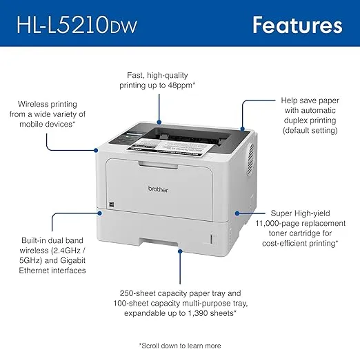 Brother HL-L5210DW Business Monochrome Laser Printer with Duplex Printing, Versatile Paper Handling, Wireless and Gigabit Ethernet Networking, and Mobile Printing