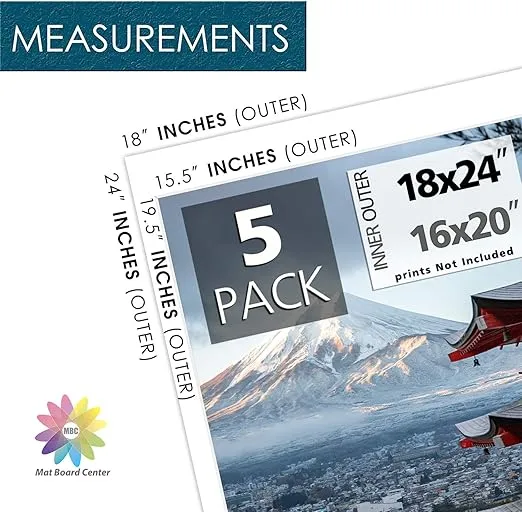 Mat Board Center, Pack of 5, 18x24 for 16x20 White Photo Picture Mat Set - Mat, Backing, Clear Bag - Acid Free, 4-ply Thickness - for Pictures, Photos, Framing