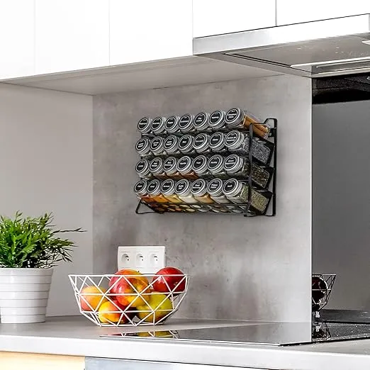 VITEVER Spice Rack with 28 Spice Jars, Organizer for Cabinet, Spice Jars with Labels, Chalk Marker and Funnel, 4 Tier, Countertop, Pantry, Cupboard, Door or Wall Mount, Black