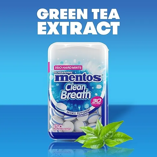 Mentos Clean Breath Sugarfree Hard Mint, 150pc, Intense Peppermint (Pack of 4 Bottles)