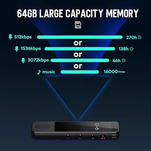 64GB Digital Voice Recorder, COCONISE Audio Recorder with 3072Kbps HD Recording, Voice Activated Recorder for Lecture with MP3 Player, A-B Loop Playback, Password, Accelerate Function