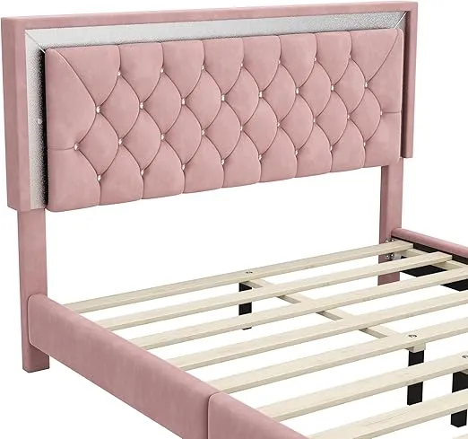 Flieks Bedroom Sets, 3-Pieces Bedroom Sets, Queen Size Upholstered Platform Bed with LED Lights and 2 Nightstands, Pink