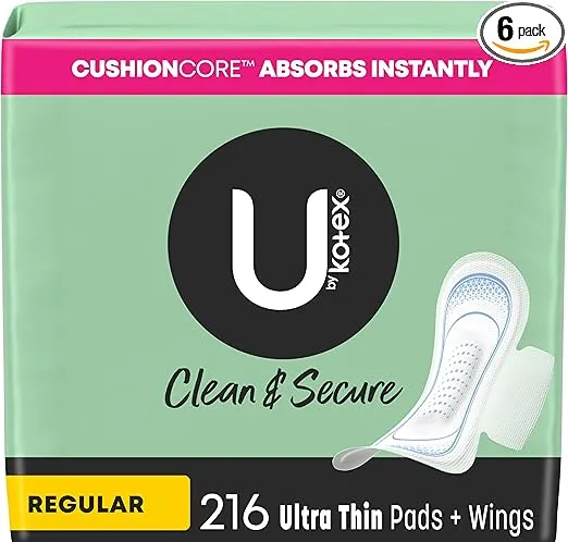 U by Kotex Clean & Secure Ultra Thin Pads with Wings, Regular Absorbency, 216 Count (6 Packs of 36)