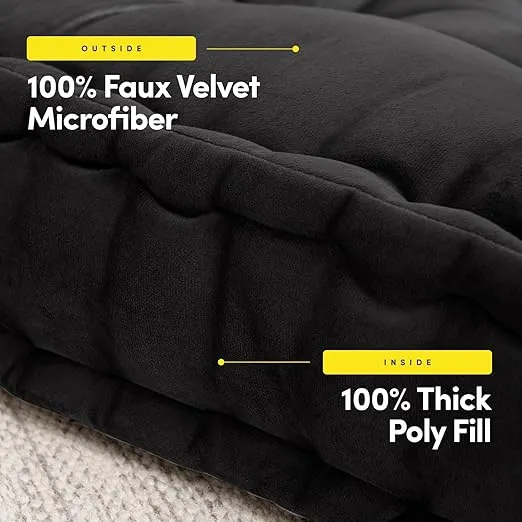 Sweet Home Collection Floor Pillow Large Square Tufted Decorative Cushion. Faux Velvet Fabric Ultra Thick Fill for Kids and Adults, 1 Pack, Black