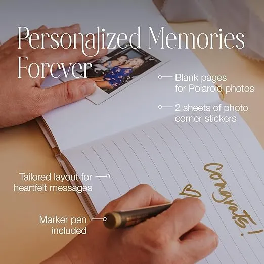 Guest Book - Simple Timeless Design Sign In for Wedding Reception, Baby Shower, Funeral, Vacation Home - Keepsake for Special Events - Polaroid Guestbook, Bookmark & Gold Floral - 9" x 6" (100 Pages)