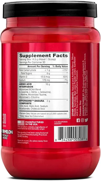 BSN Amino X Muscle Recovery & Endurance Powder with BCAAs, Intra Workout Support, 10 Grams of Amino Acids, Keto Friendly, Caffeine Free, Flavor: Watermelon, 30 Servings (Packaging May Vary)