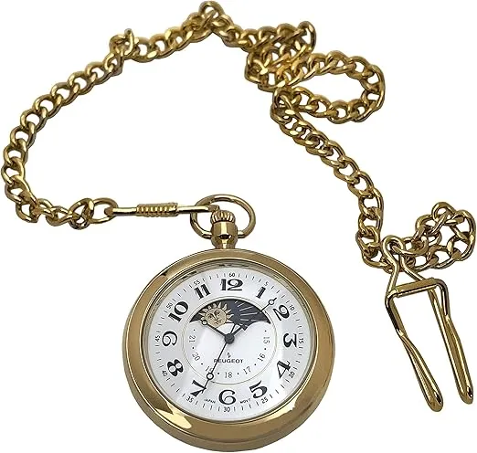Peugeot Men's 14Kt Gold Plated Vintage Moonphase Pocket Watch with Chain, 40mm Open Face, Engravable with Easy to Read Roman Numbers