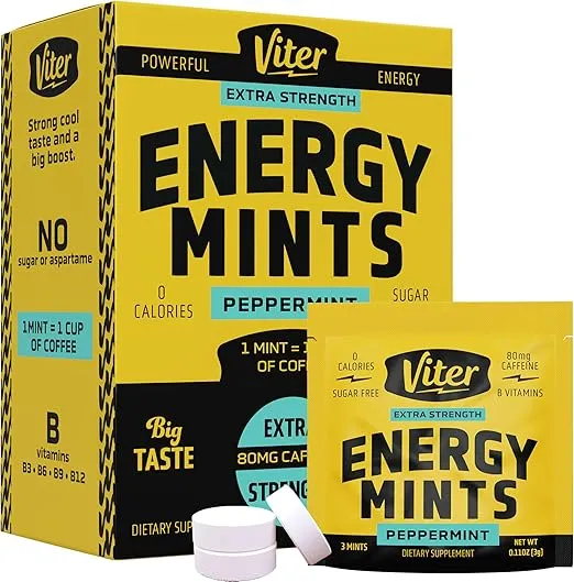 Viter Energy Caffeine Mints 80mg Extra Strength - 90 Caffeinated Mints with B Vitamins. Sugar Free Vegan Breath Mint. Boosts Focus, Nootropic Energy & Fast Alertness. (Peppermint Flavor, 30 Pack)
