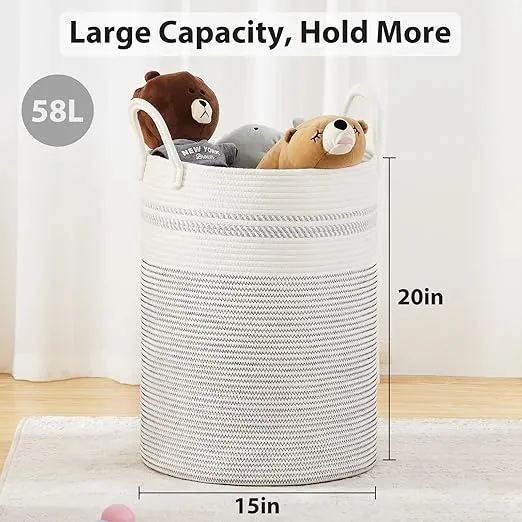 Fiona's magic 58L Woven Rope Laundry Hamper, Tall Boho Laundry Basket Storage, Large Baby Nursery Hamper for Blankets, Toys and Clothes Hamper for Bedroom and Living Room Organizing, Jute, White