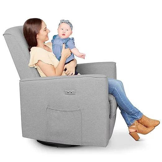 Evolur Harlow Deluxe Upholstered Plush Seating Glide Rocker, Swivel, Power Recliner with USB Port, Greenguard Gold Certified, Glider Chair for Nursery in Light Grey