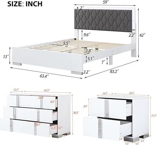 4-Pieces Bedroom Sets, Merax Queen Size LED Velvet Fabric Wooden Platform Bed Frame with LED Lights and Mirrored Nightstands and Dresser, Wood Slat Support, No Box Spring Needed, Easy Assembly (White)