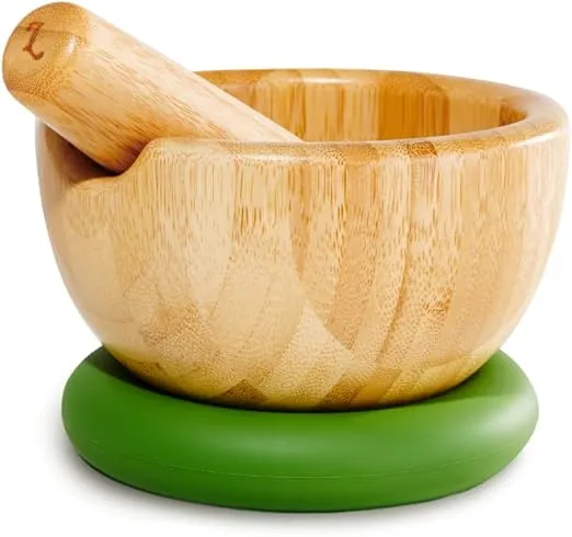 Loisa | Bamboo Mortar and Pestle with Silicone Base | 5.25" Mortar Bowl | Premium Latin Cooking Utensils | Green