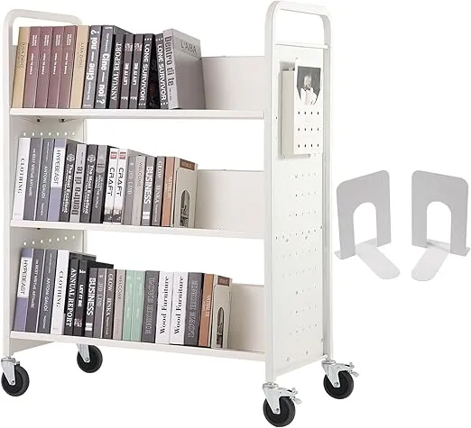 VEVOR Book Cart, 330 lbs Library Cart, 39.4" x 20.1" x 49.2" Rolling Book Cart, Double Sided W-Shaped Sloped Shelves with 4-Inch Lockable Wheels for Home Shelves Office School, Book Truck in White