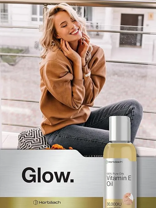 Horbäach Vitamin E Oil For Skin 30,000 IU | 4 fl oz | 100% Pure Oils | Moisturizing Oil | Non-GMO, Vegetarian | Lemon Scented